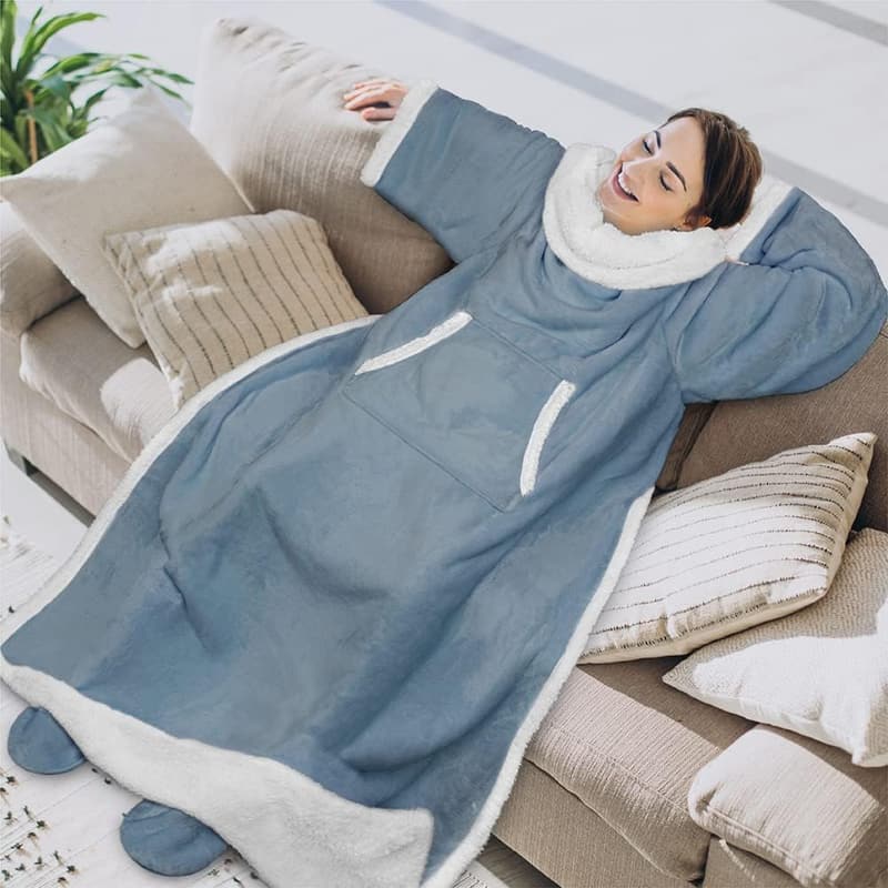 Wearable Sherpa Blanket with Sleeves, Blue