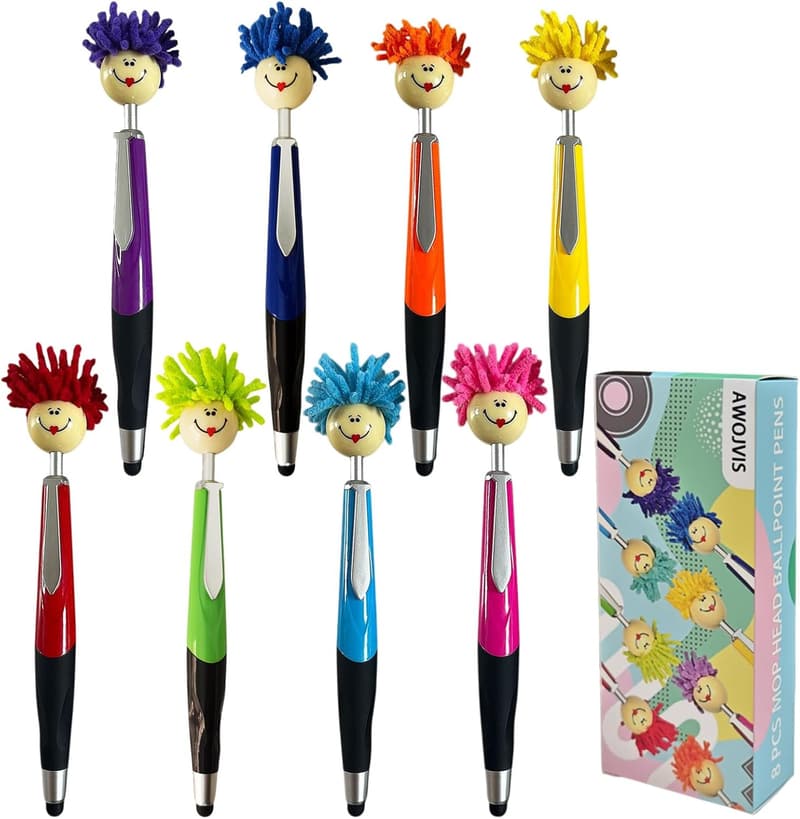 Cartoon Mop Top Ballpoint Pens, 8-Pack Colorful Set