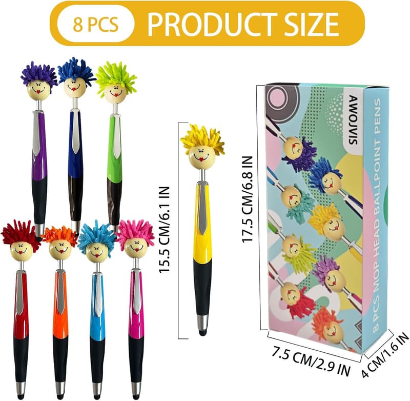 Cartoon Mop Top Ballpoint Pens, 8-Pack Colorful Set