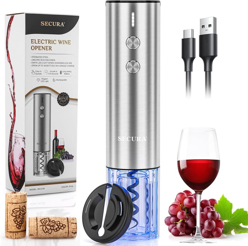 Rechargeable Electric Wine Opener with Foil Cutter, Silver