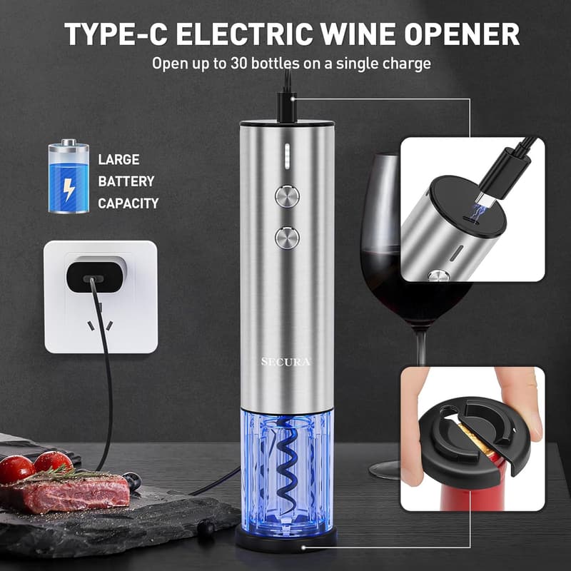 Rechargeable Electric Wine Opener with Foil Cutter, Silver