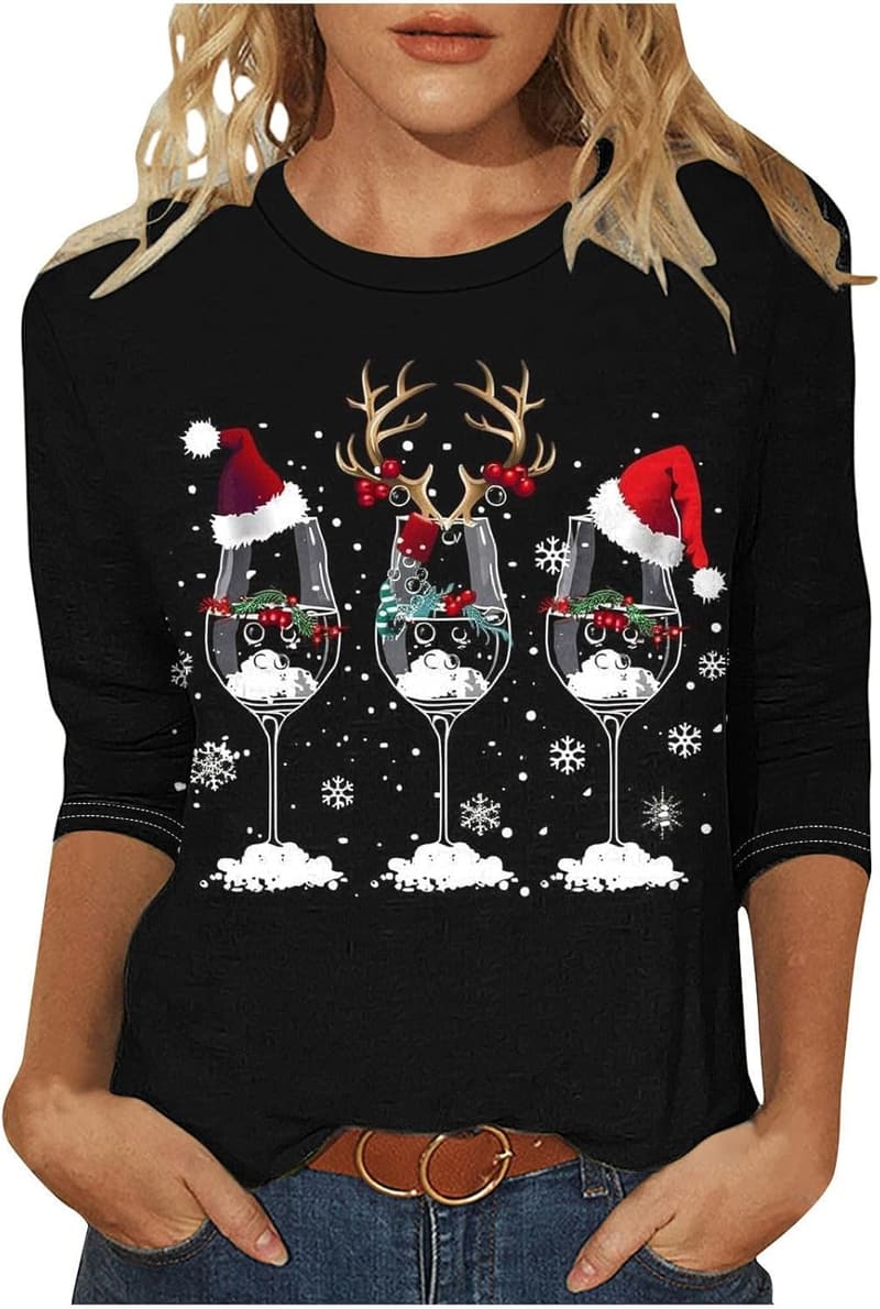 Women's Christmas Cotton Printed Tunic 3/4 Sleeve Top