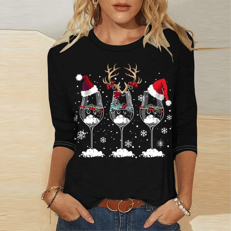 Women's Christmas Cotton Printed Tunic 3/4 Sleeve Top
