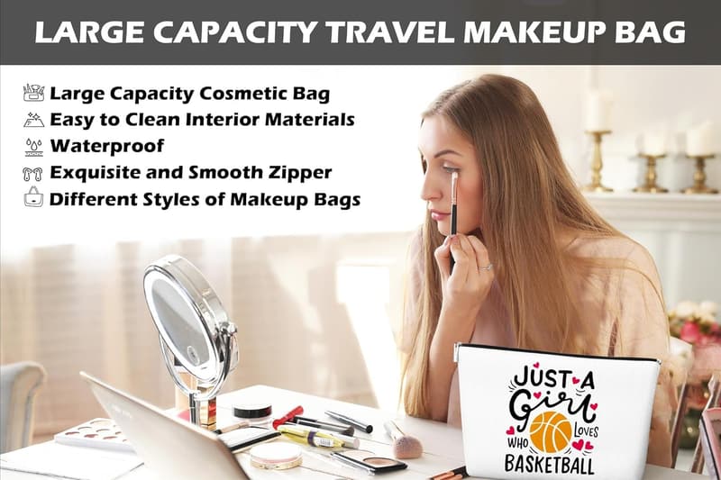 Basketball Makeup Bag for Teen Girls, 10x7 Inch