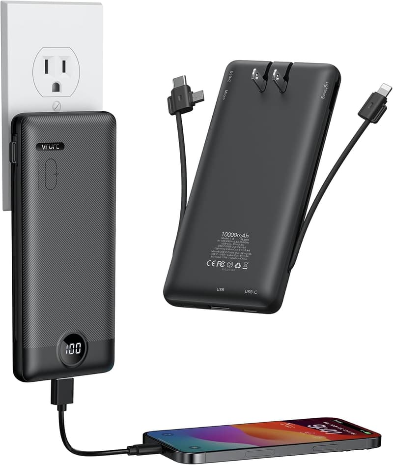 10000mAh Slim Portable Charger with Cables - Black