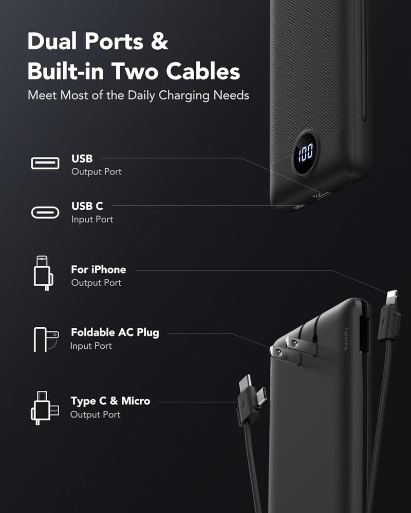 10000mAh Slim Portable Charger with Cables - Black