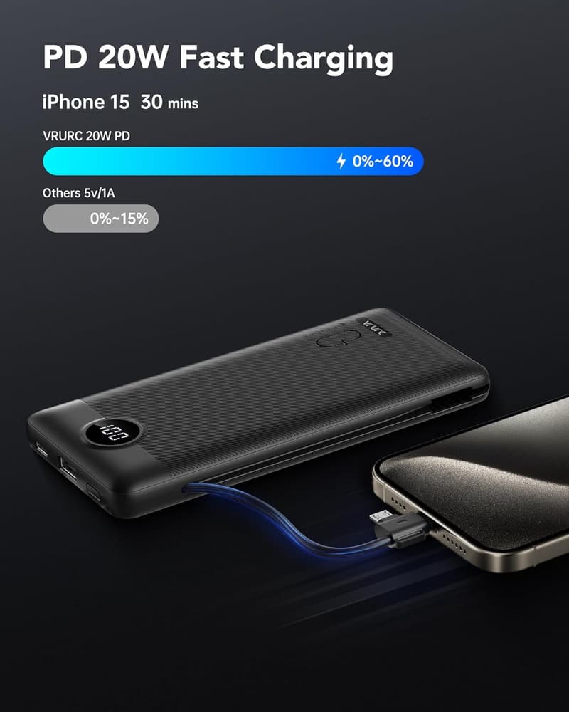 10000mAh Slim Portable Charger with Cables - Black