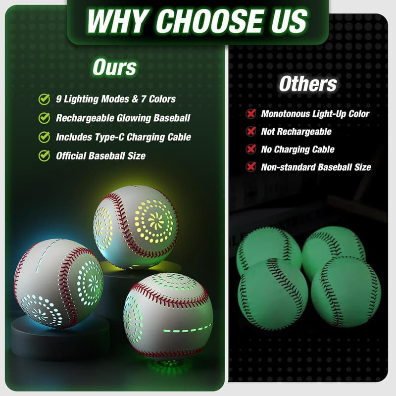 LED Glow Baseball, Rechargeable with 9 Lighting Modes