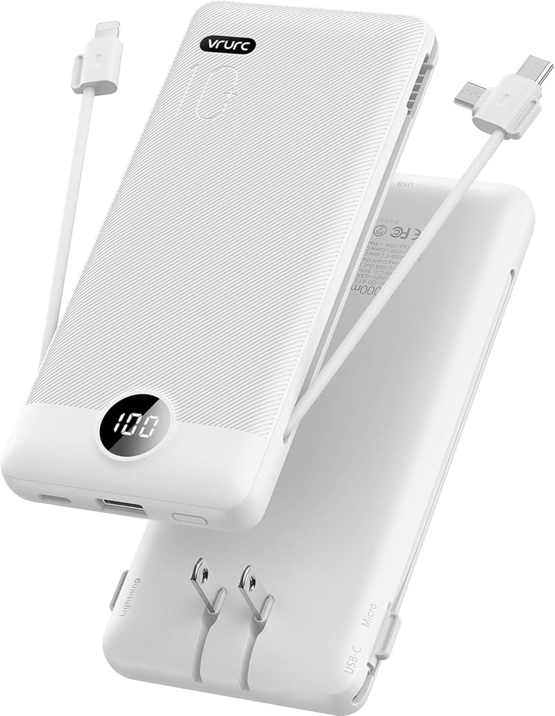 Portable Charger 10000mAh USB-C with Built-in Wall Plug