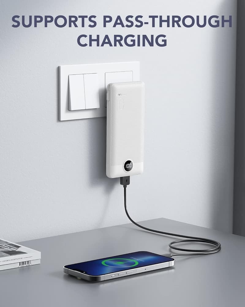 Portable Charger 10000mAh USB-C with Built-in Wall Plug