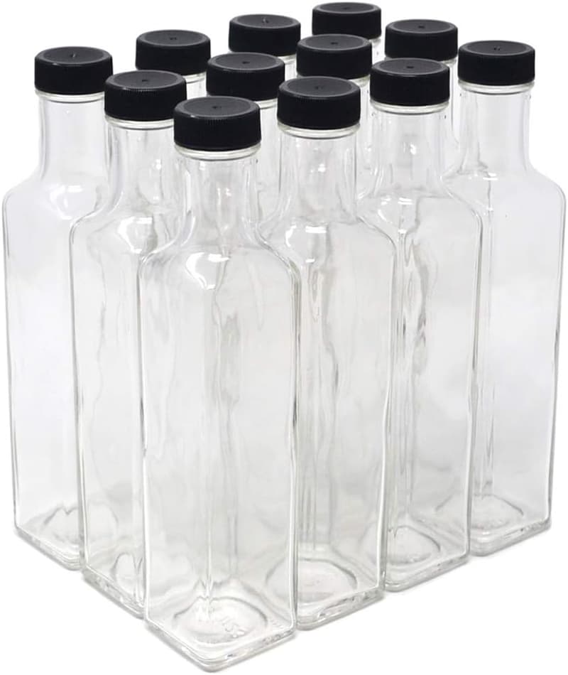 Clear Glass Quadra Bottles, 250ml, Black Caps (12-Pack)
