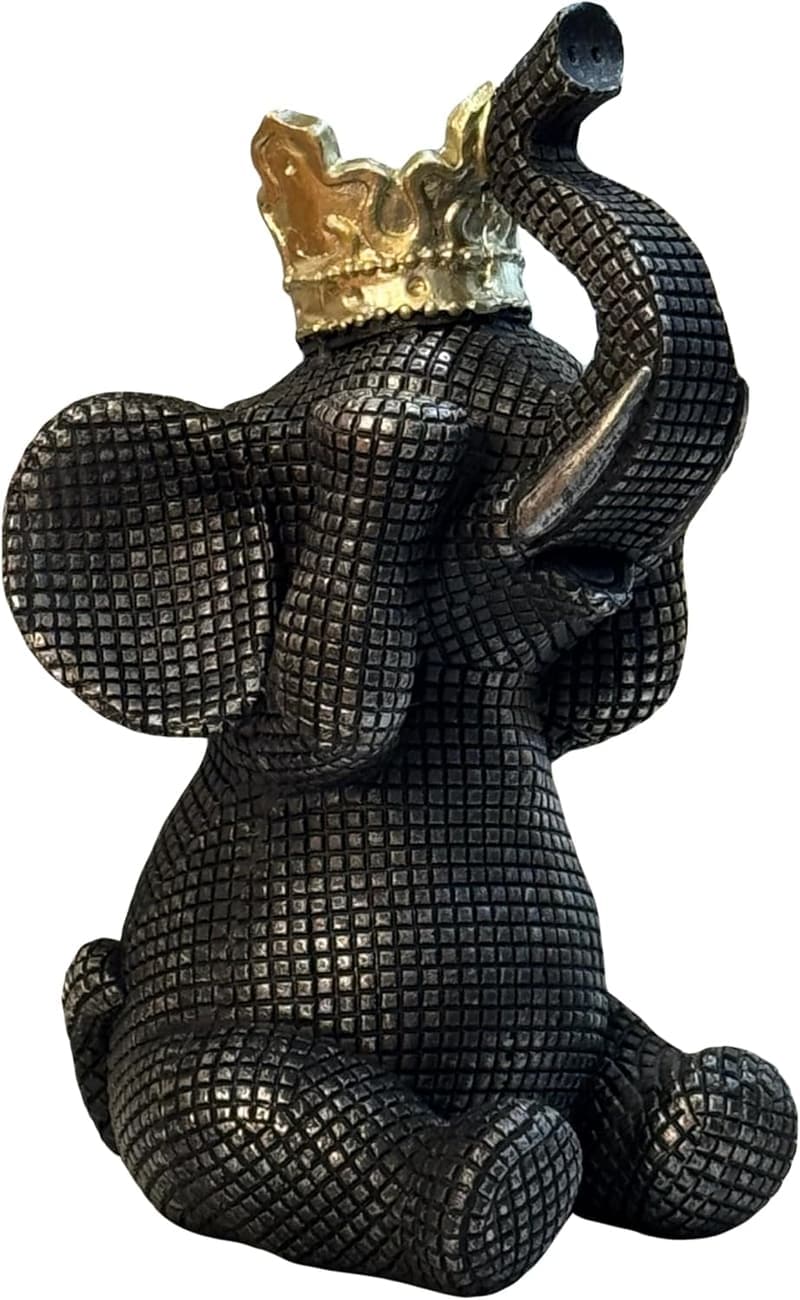 See No Evil Elephant Statue, Black & Gold Crown Decor