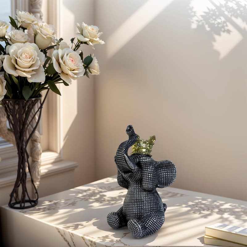 Home Decor Elephant Statue with Black and Gold Crown