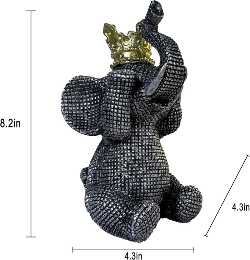 See No Evil Elephant Statue, Black & Gold Crown Decor