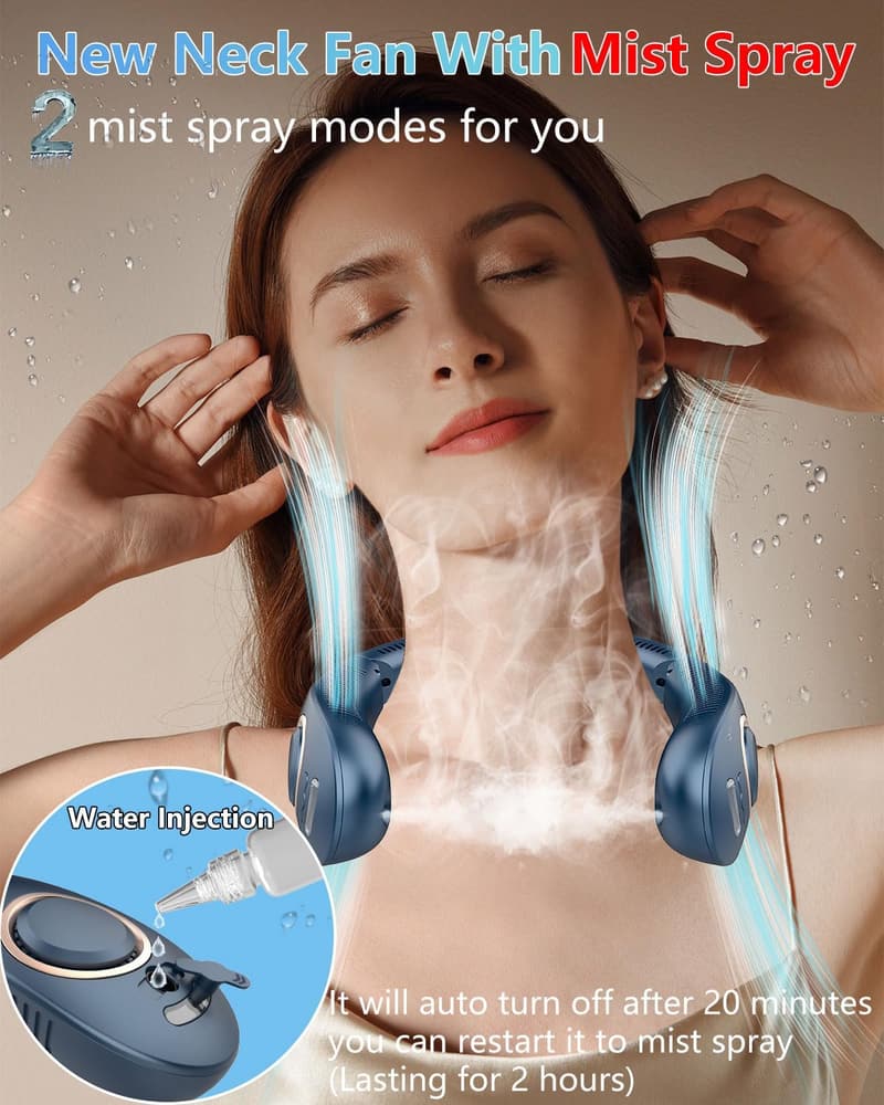 Neck Fan with Mist Spray, Rechargeable and Bladeless