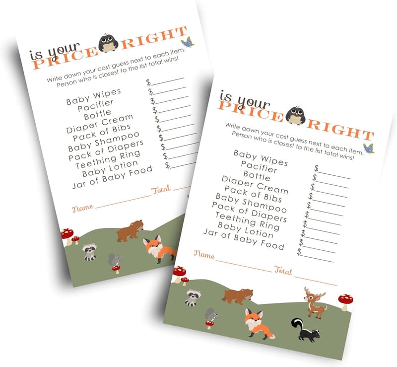 Baby Shower Price Guessing Game - Woodland Theme Cards