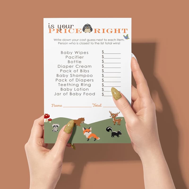Baby Shower Price Guessing Game - Woodland Theme Cards