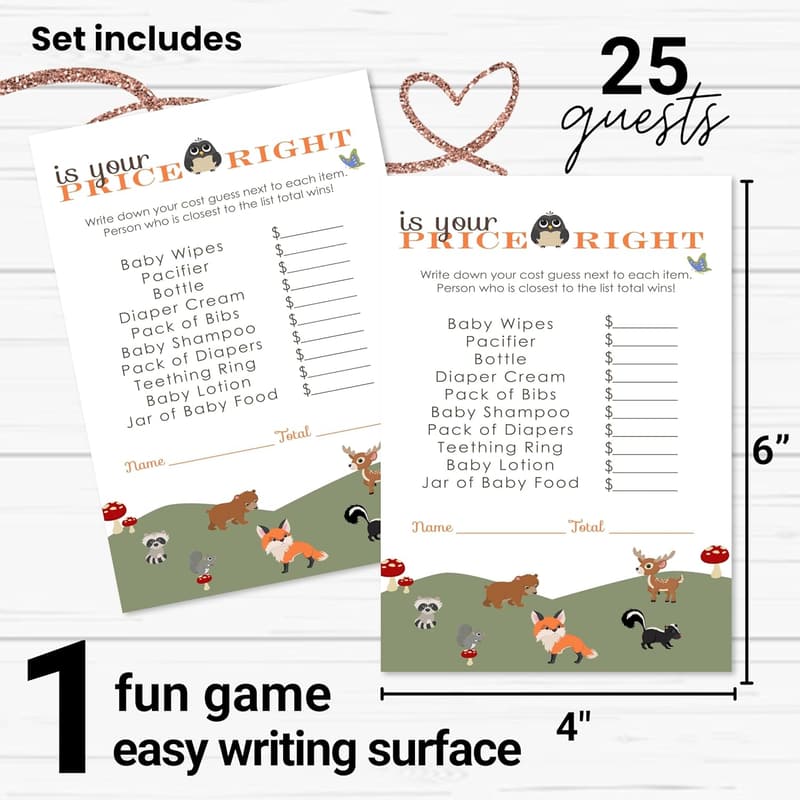 Baby Shower Price Guessing Game - Woodland Theme Cards