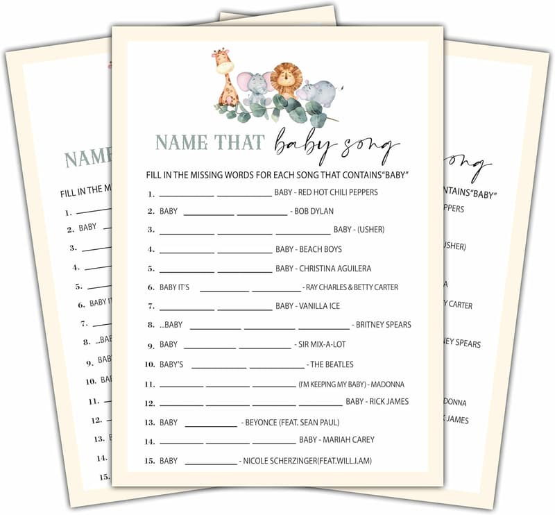 Baby Shower Music Game Cards - Eucalyptus Safari Theme
