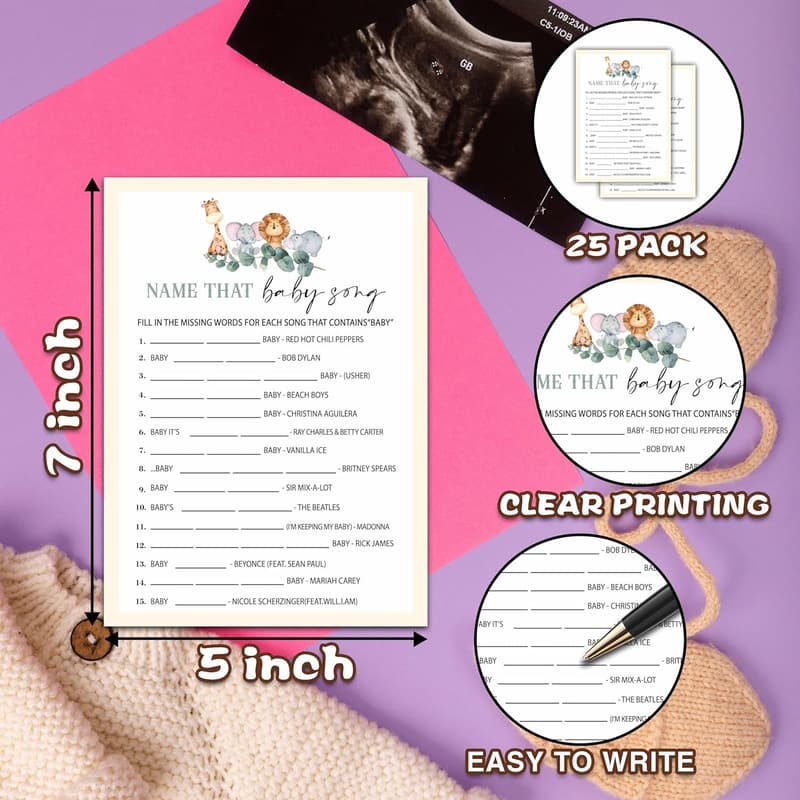 Baby Shower Music Game Cards - Eucalyptus Safari Theme