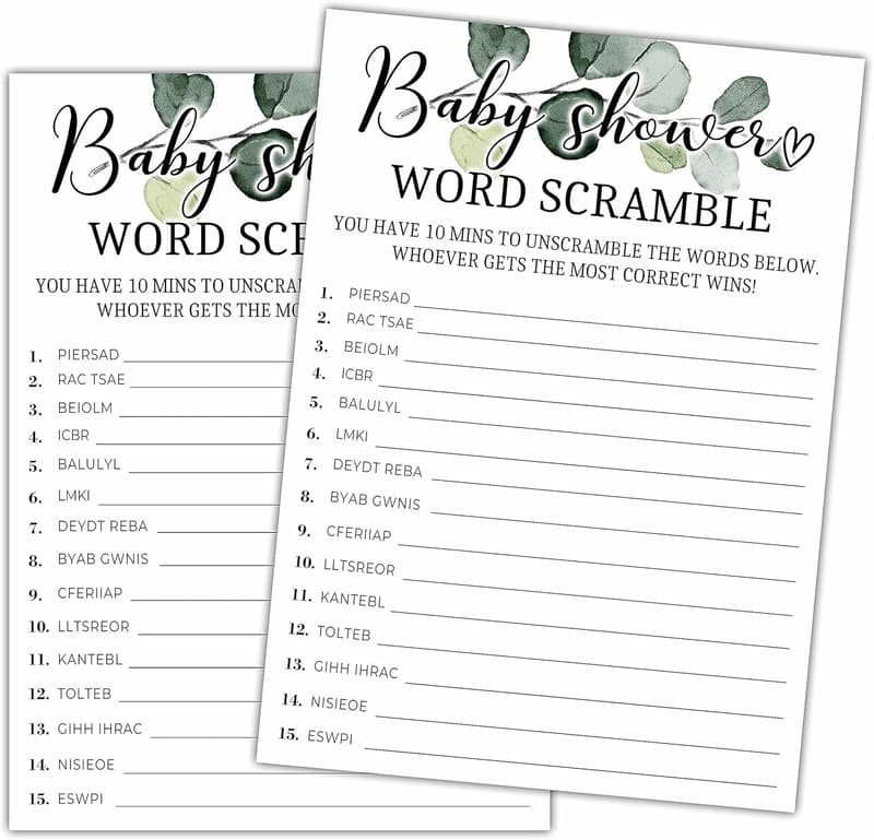 Baby Shower Eucalyptus Word Scramble Game Set
