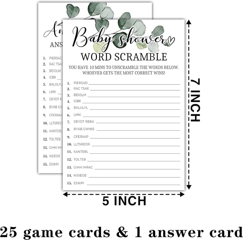 Baby Shower Eucalyptus Word Scramble Game Set