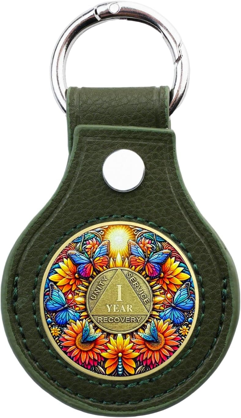 Sobriety Coin Holder Keychain - Green PVC, Handmade