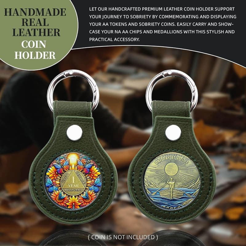 Sobriety Coin Holder Keychain - Green PVC, Handmade