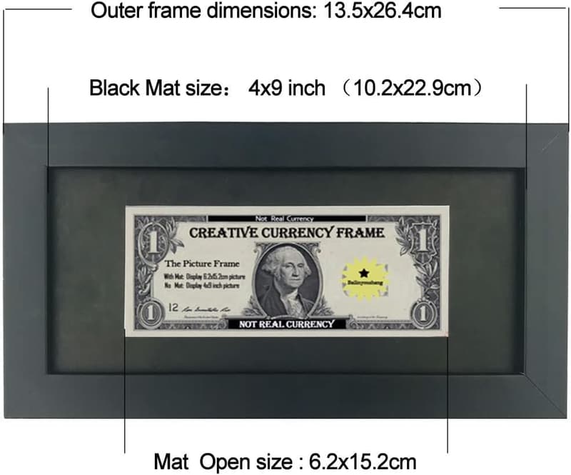 Black Dollar Bill Wood Frame with Mat - 4x9 Inch