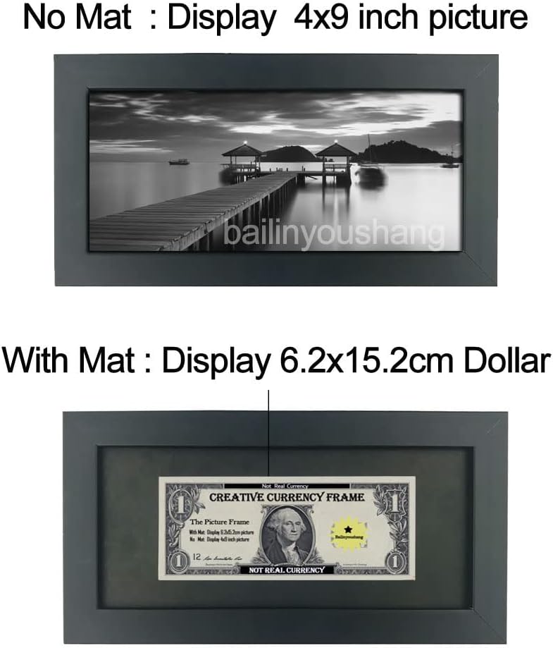 Black Dollar Bill Wood Frame with Mat - 4x9 Inch