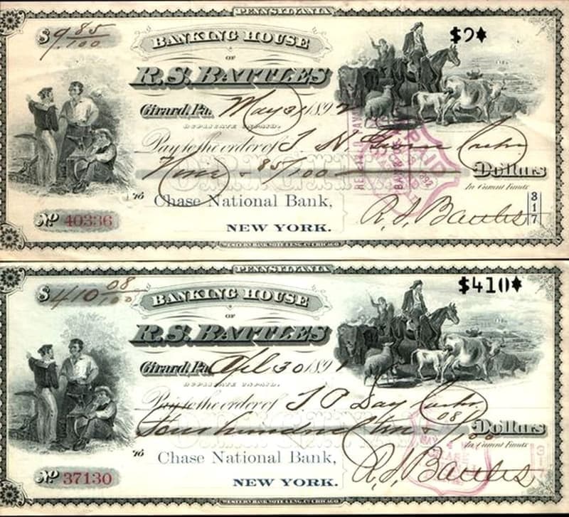 1892 Girard PA Bank Draft Pair w/ Rare Vignettes