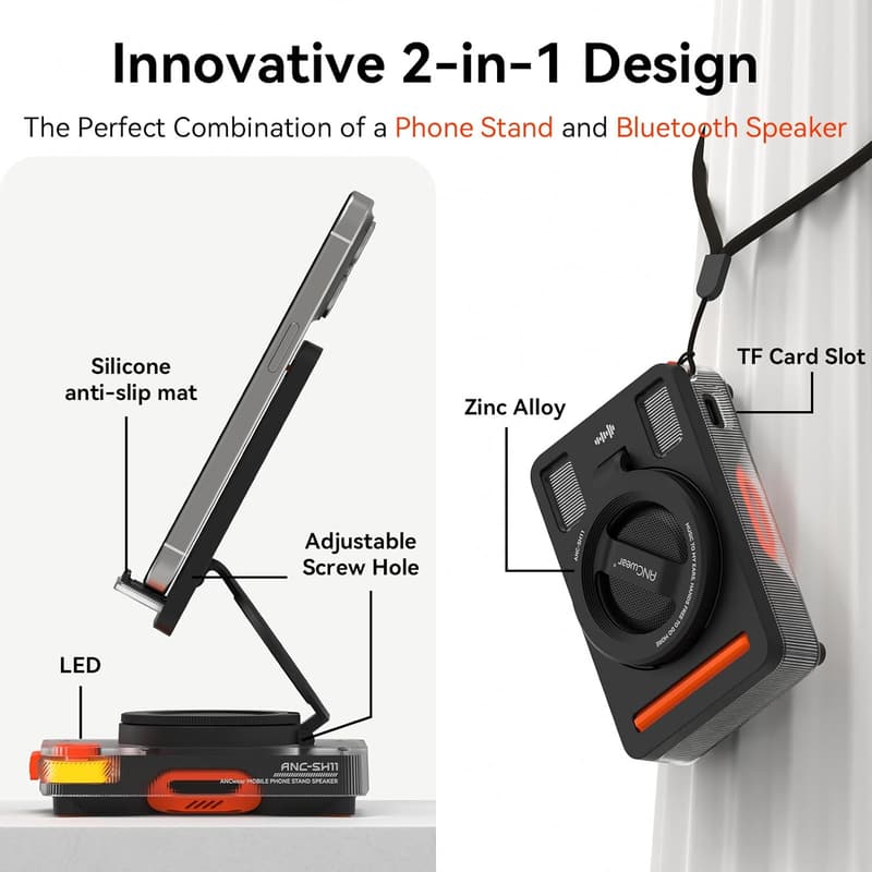 Phone Stand with Bluetooth Speaker for Teens & Adults (Black)
