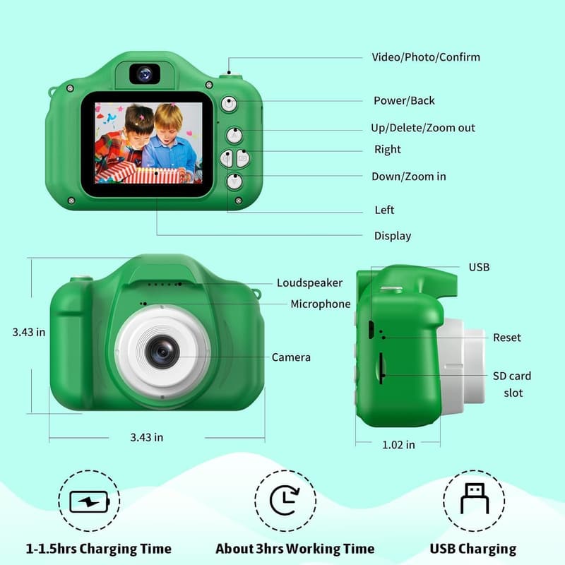 Kids' Camera with Silicone Cover - Green, Ages 3-12