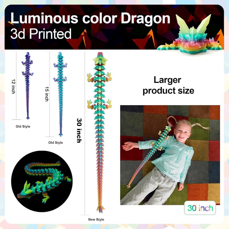 3D Luminous Rainbow Dragon Toy, 30-inch Crystal