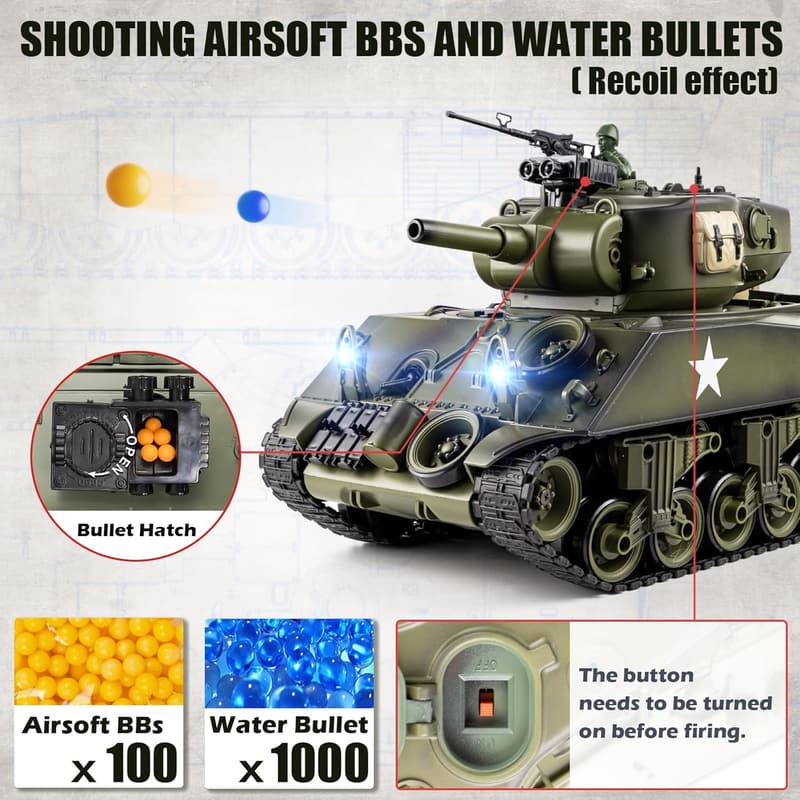 1/18 US M4A3 Sherman RC Tank, 15-Channel with Smoke & Sound