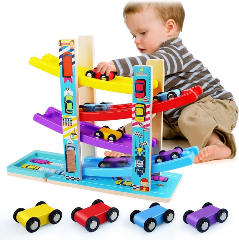 Toddler Race Track Toy with Cars & Wooden Parking Lot