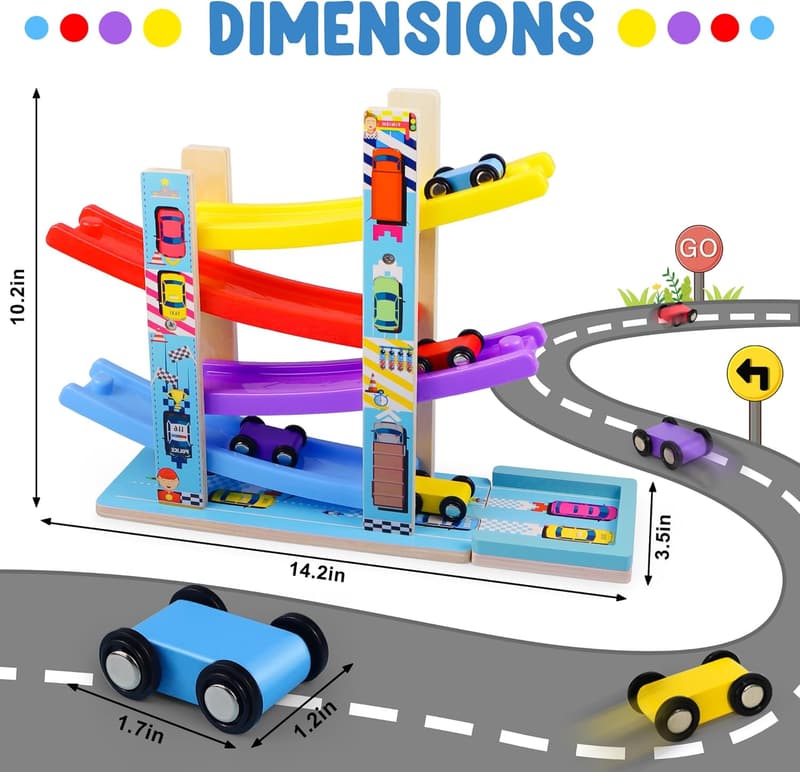 Toddler Race Track Toy with Cars & Wooden Parking Lot