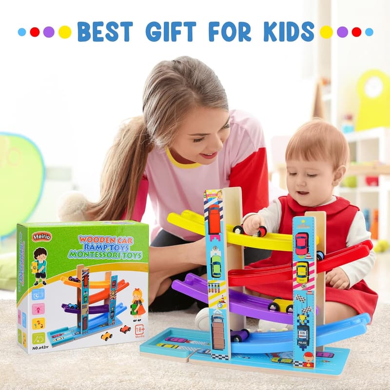 Toddler Race Track Toy with Cars & Wooden Parking Lot