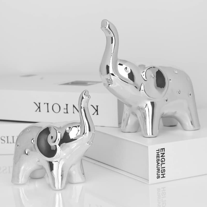 Modern Silver Ceramic Elephant Figurines