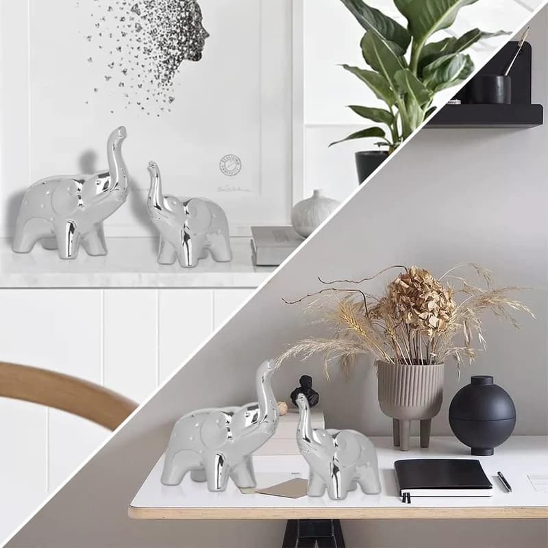 Modern Silver Ceramic Elephant Figurines