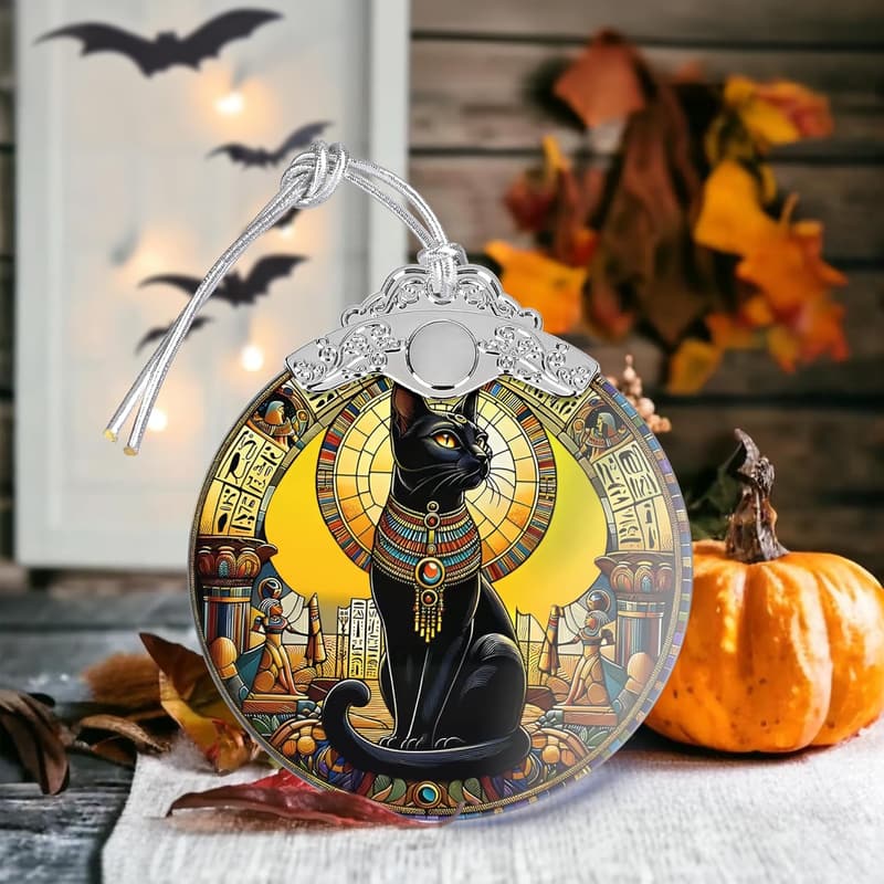 Exotic Black Cat Stained Glass Christmas Ornament