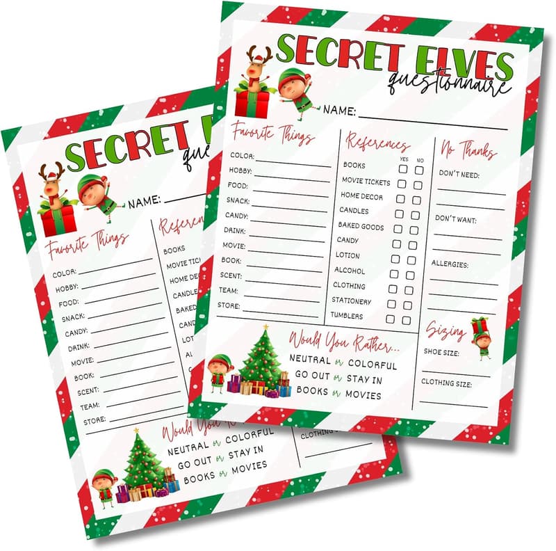 Secret Santa Questionnaire Sheets, 50 Pack, 8.5x11