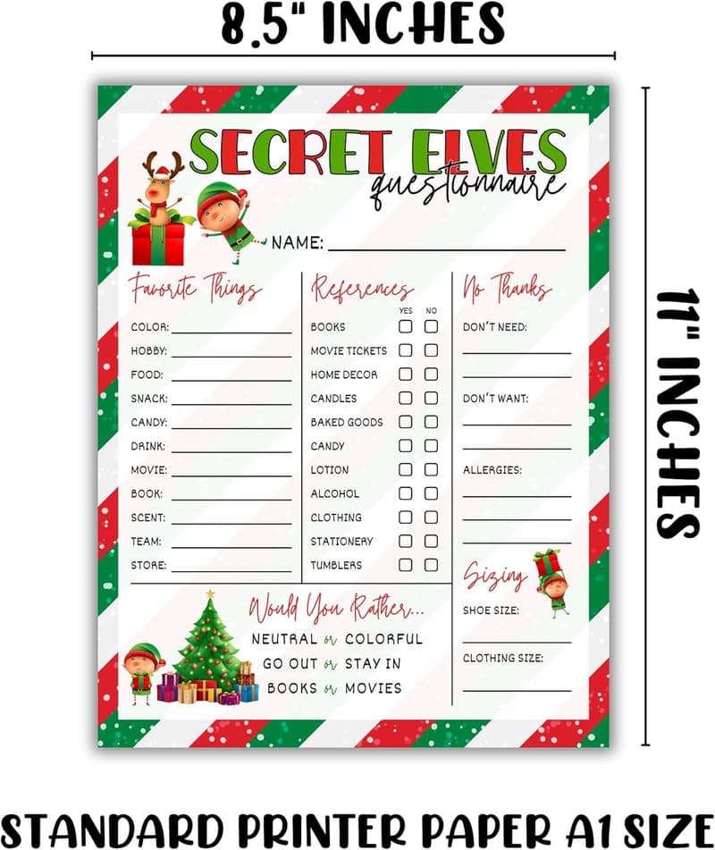 Secret Santa Questionnaire Sheets, 50 Pack, 8.5x11
