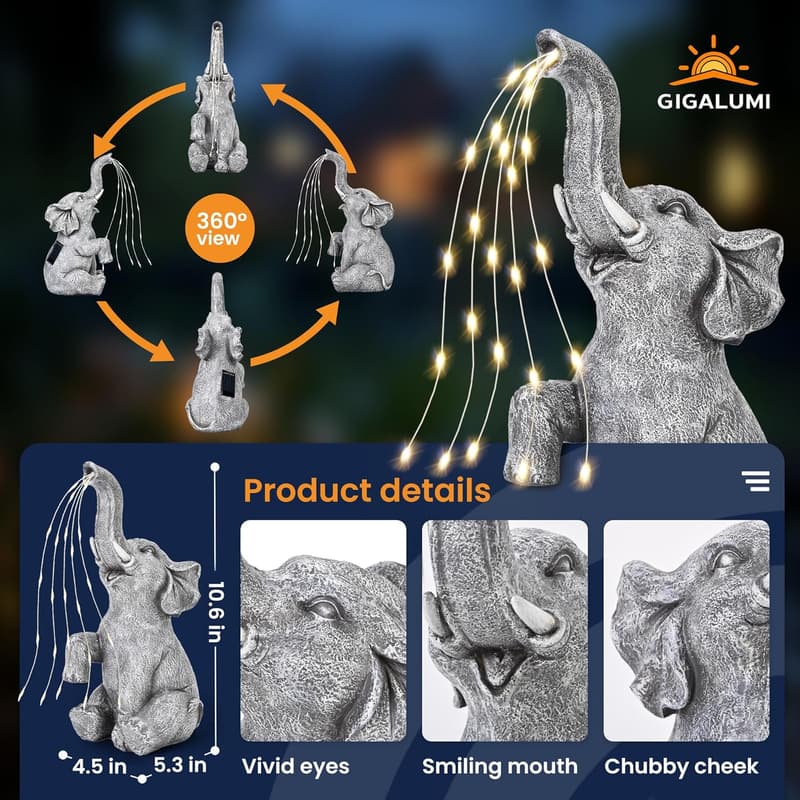 Birthday Gift Solar Elephant Garden Statue for Women