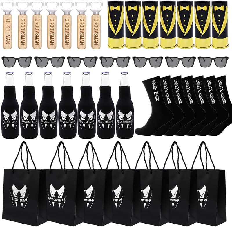 Groomsmen Gift Set: Wine Glass, Opener, Sunglasses, Socks