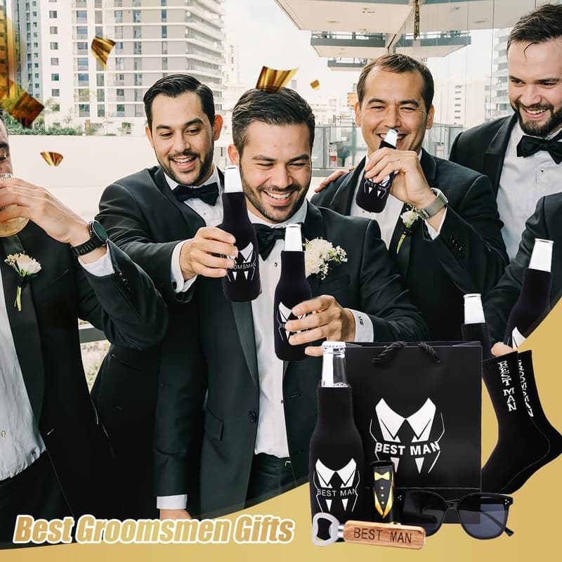 Groomsmen Gift Set: Wine Glass, Opener, Sunglasses, Socks
