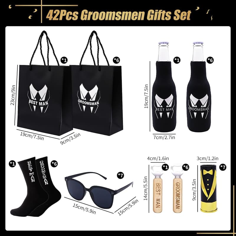Groomsmen Gift Set: Wine Glass, Opener, Sunglasses, Socks