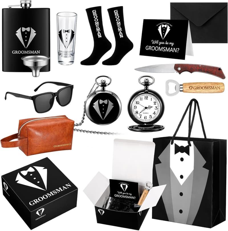 Groomsman Proposal Gift Set with Flask & Pocket Watch