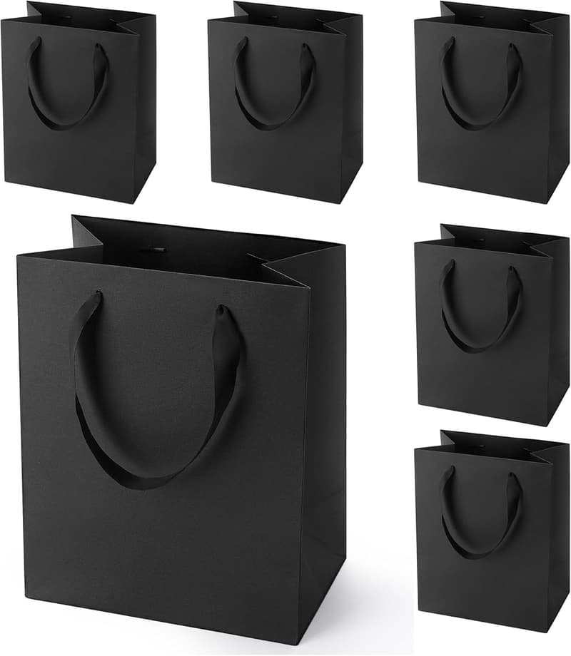 Black Gift Bags with Handles, 8x5x10 Inch, 6pcs