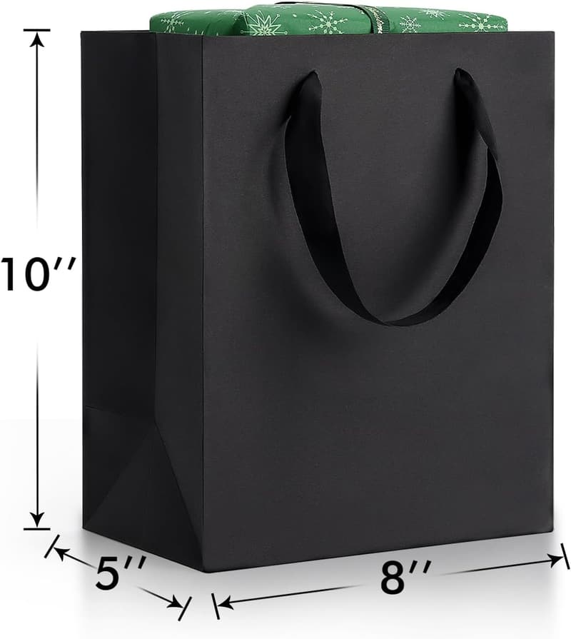 Black Gift Bags with Handles, 8x5x10 Inch, 6pcs